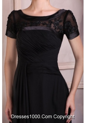 Short Sleeves Bateau Black Chiffon Prom Gowns with Brush Train