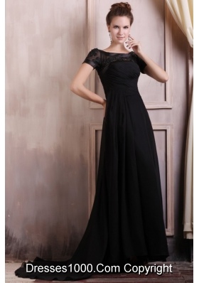 Short Sleeves Bateau Black Chiffon Prom Gowns with Brush Train