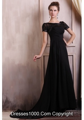 Short Sleeves Bateau Black Chiffon Prom Gowns with Brush Train