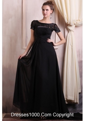 Short Sleeves Bateau Black Chiffon Prom Gowns with Brush Train