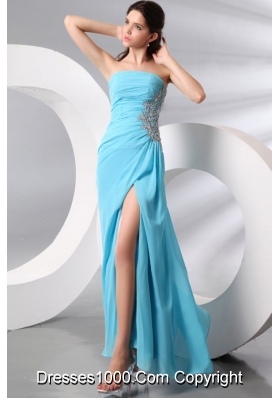 Sequins and Appliques Aqua Blue High Slit Chiffon Prom Holiday Dress