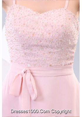 Pink Prom Dress with Spaghetti Straps and Beaded Bodice in Knee-length