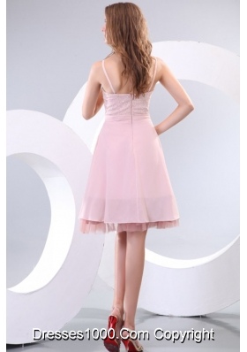 Pink Prom Dress with Spaghetti Straps and Beaded Bodice in Knee-length