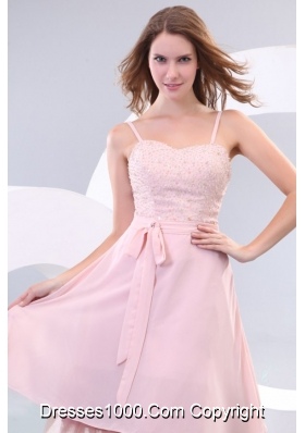 Pink Prom Dress with Spaghetti Straps and Beaded Bodice in Knee-length