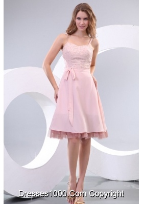 Pink Prom Dress with Spaghetti Straps and Beaded Bodice in Knee-length