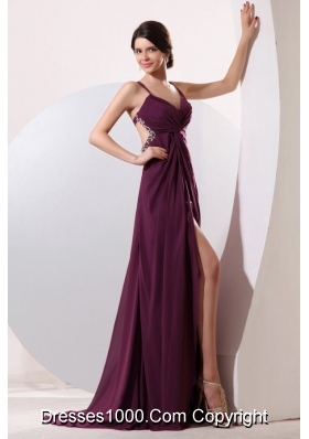 Fashion Straps High Slit Chiffon Prom Formal Dress with Sweep Train