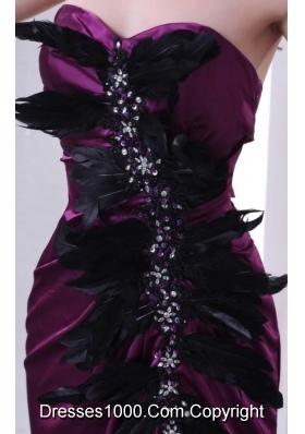 Beading and Feathers Sheath Sweetheart Purple Taffeta Prom Dresses