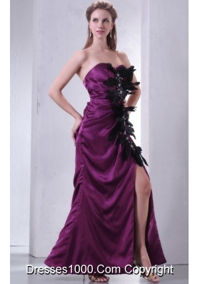 Beading and Feathers Sheath Sweetheart Purple Taffeta Prom Dresses