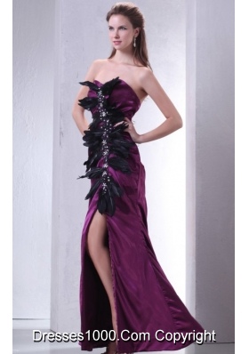 Beading and Feathers Sheath Sweetheart Purple Taffeta Prom Dresses