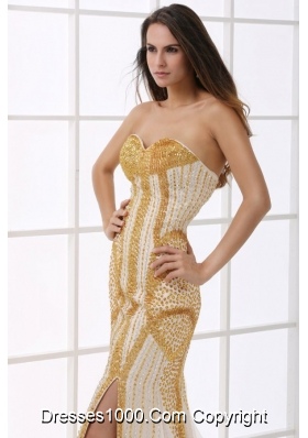 Fitted Champagne Sweetheart Column Beaded Decorate Prom Gown Dress