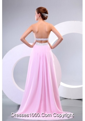 Elegant Prom Dress by Pink Chiffon Fabric with Beading Decoration and Train