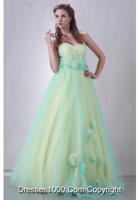 Chic Yellow Green Princess Handle Flowers Organza Prom Gown Dress