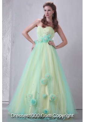 Chic Yellow Green Princess Handle Flowers Organza Prom Gown Dress