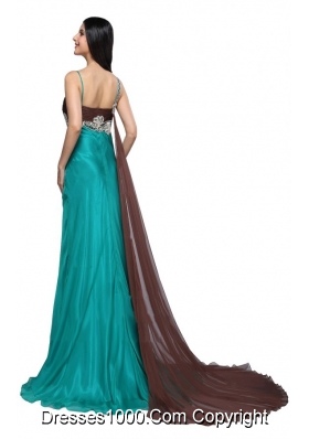 Spaghetti Strap Beading and Ruche Watteau Train Prom Evening Dress