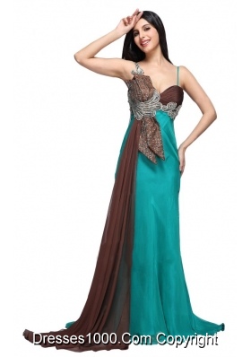 Spaghetti Strap Beading and Ruche Watteau Train Prom Evening Dress