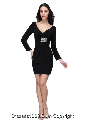 Black Mini-length Beaded Decorate Prom Dress with Long Sleeves