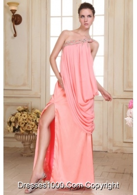 Column Watermelon Pink One Shoulder Beading Prom Theme Dresses