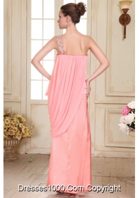 Column Watermelon Pink One Shoulder Beading Prom Theme Dresses