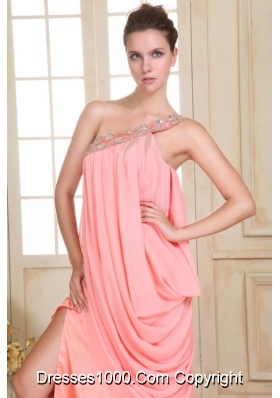 Column Watermelon Pink One Shoulder Beading Prom Theme Dresses