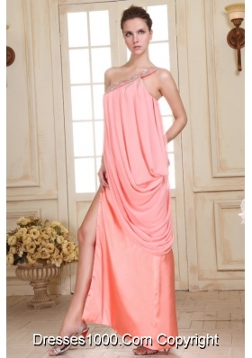 Column Watermelon Pink One Shoulder Beading Prom Theme Dresses