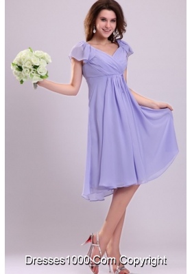 Simple Empire Cap Sleeves Lavender Ruching Short Prom party Dress