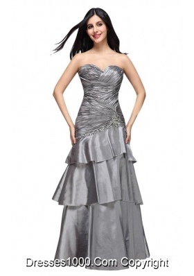 Gray Sweetheart Appliques and Ruche Ruffled Layers Prom Dress