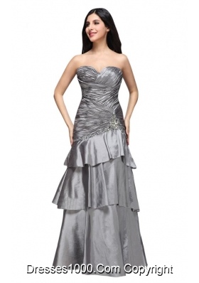 Gray Sweetheart Appliques and Ruche Ruffled Layers Prom Dress