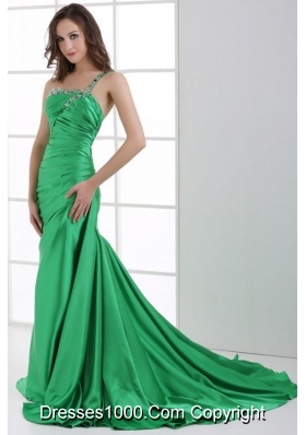 Green Beading One Shoulder Sweep Train Prom Dress with Ruches