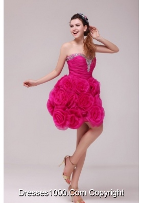 Hot Pink Sweetheart Knee-length Hand Made Flowers Prom Dress