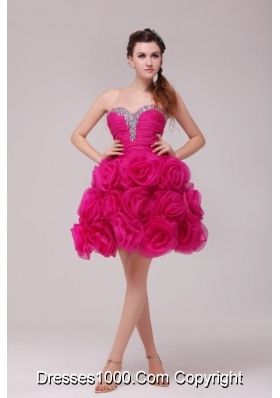 Hot Pink Sweetheart Knee-length Hand Made Flowers Prom Dress