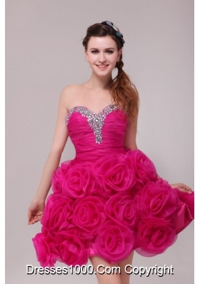 Hot Pink Sweetheart Knee-length Hand Made Flowers Prom Dress