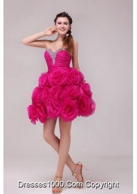 Hot Pink Sweetheart Knee-length Hand Made Flowers Prom Dress