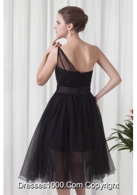 Chic One Shoulder Black Tulle Tea-length 2014 Prom Gown Dress