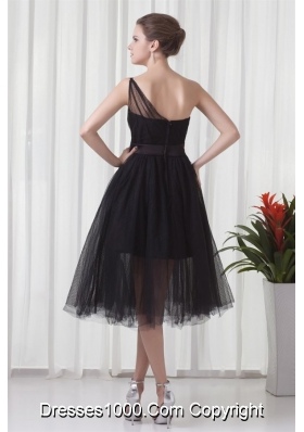 Chic One Shoulder Black Tulle Tea-length 2014 Prom Gown Dress