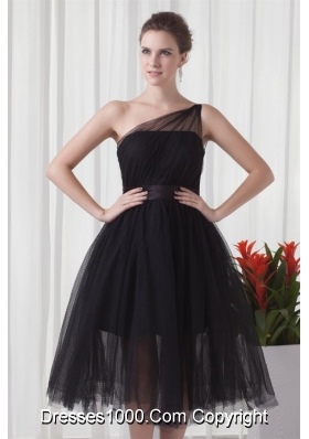 Chic One Shoulder Black Tulle Tea-length 2014 Prom Gown Dress