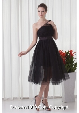 Chic One Shoulder Black Tulle Tea-length 2014 Prom Gown Dress