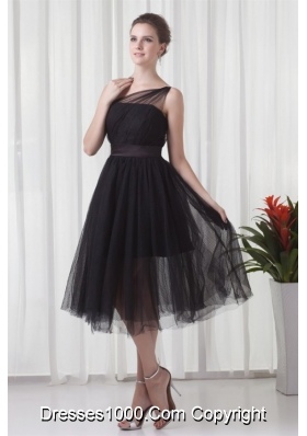 Chic One Shoulder Black Tulle Tea-length 2014 Prom Gown Dress