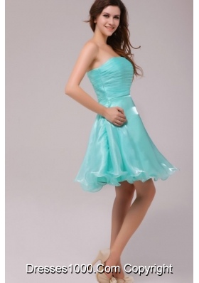 Cute Strapless Aqua Blue Organza Ruching Prom Dress for Party