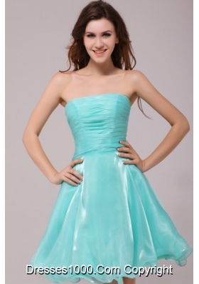 Cute Strapless Aqua Blue Organza Ruching Prom Dress for Party