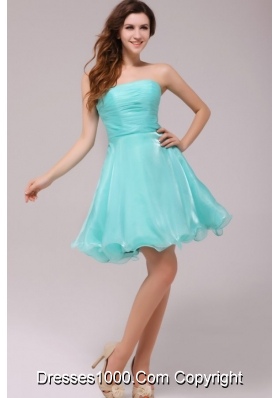 Cute Strapless Aqua Blue Organza Ruching Prom Dress for Party