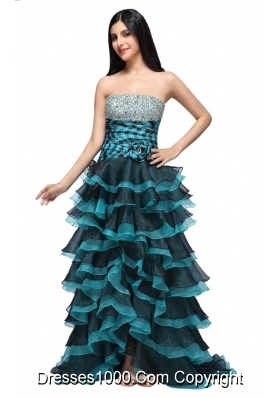 Strapless Black and Blue Layers Beading Prom Gown Dress 2014