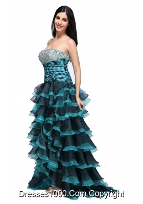 Strapless Black and Blue Layers Beading Prom Gown Dress 2014