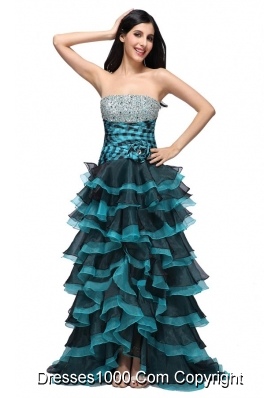 Strapless Black and Blue Layers Beading Prom Gown Dress 2014