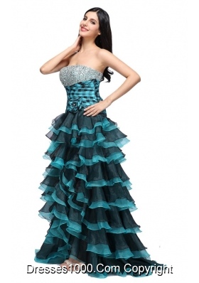 Strapless Black and Blue Layers Beading Prom Gown Dress 2014