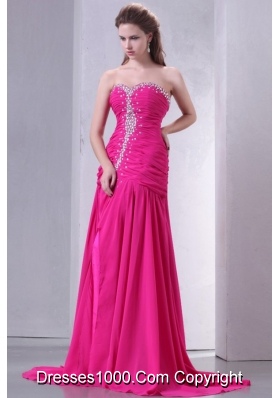 Sweetheart Beading and Ruche Chiffon Prom Dress in Hot Pink