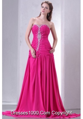 Sweetheart Beading and Ruche Chiffon Prom Dress in Hot Pink