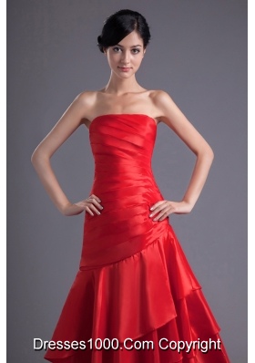 Asymmetrical Red Strapless Dance Dress with Ruches and Layers