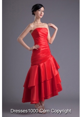 Asymmetrical Red Strapless Dance Dress with Ruches and Layers