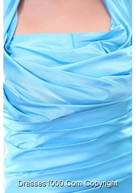 Baby Blue Halter Top Ruching Hand Made Flowers Prom Gown Dress