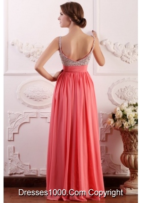 Watermelon Beading Decorate Bust Chiffon Prom Dress with Straps